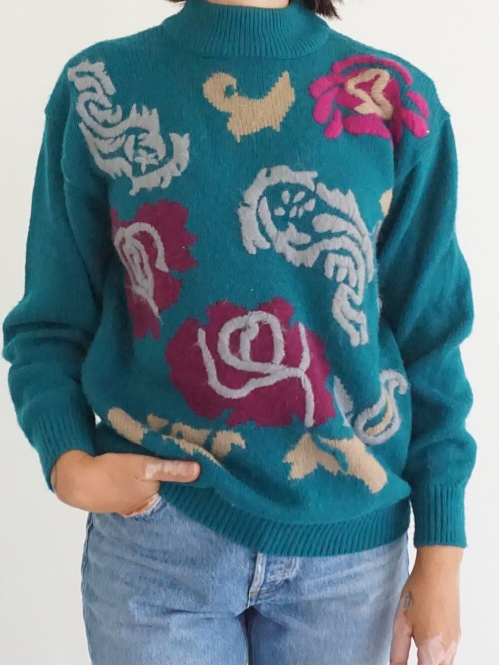 Vintage Alfred Dunner Teal Pink Floral Paisley Jacquard Sweater Cottagecore S